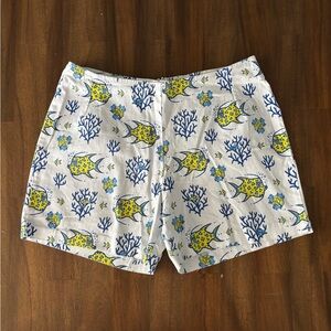 GOVANGO Women’s White Blue and Yellow Fish and Coral Print Pattern Shorts